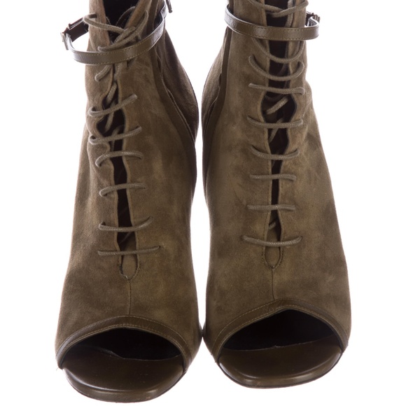 Saint Laurent Lace Up Peep Toe Ankle Booties, Olive Green - Picture 3 of 6